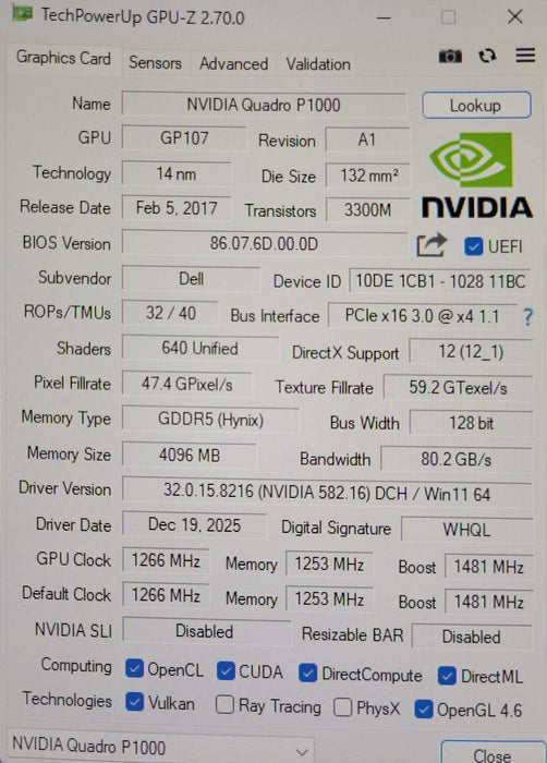 Nvidia Quadro P1000 4GB GDDR5 Graphics card 4x Mini DP, FH Bracket