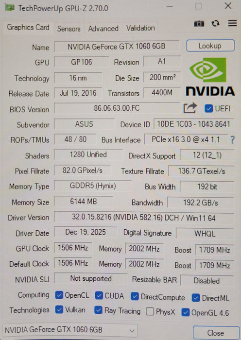 Asus PH-GTX1060-6G 6GB GDDR5 Graphics card