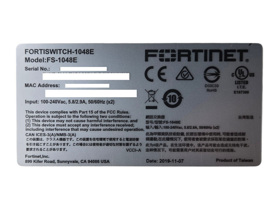 Fortinet FS-1048E FortiSwitch-1048E 48x 10G & 4x 100G / 6x 40G Ports L3 Switch