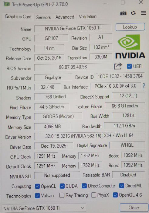 Gigabyte GeForce GTX 1050 Ti GV-N105TD5-4GD 4GB GDDR5 Graphics card