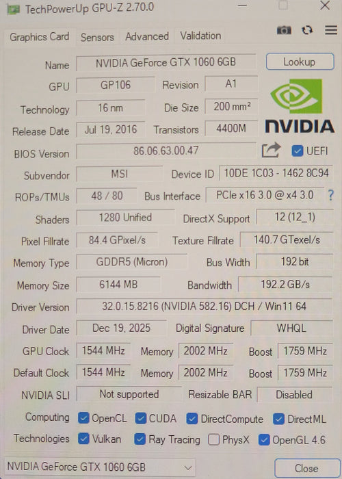 MSI GeForce GTX 1060 IGAMER 6G OC 6GB GDDR5 Graphics card