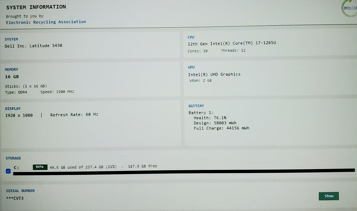 Dell Latitude 5430 Core i7-1265U 16GB RAM 256GB SSD READ