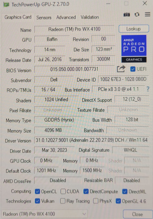 AMD radeon pro WX4100 4GB GDDR5 4x Mini DP Graphics card, FH Bracket