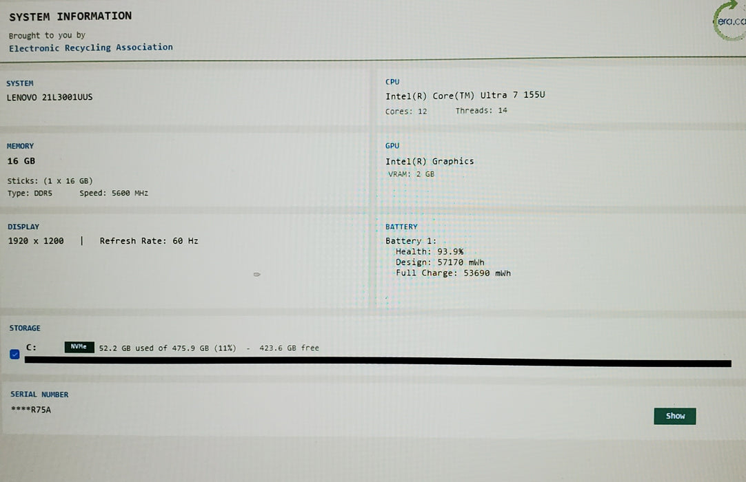 Lenovo ThinkPad L16 Gen 1 TOUCH16in Core Ultra 7 155U 16GB 512GB SSD