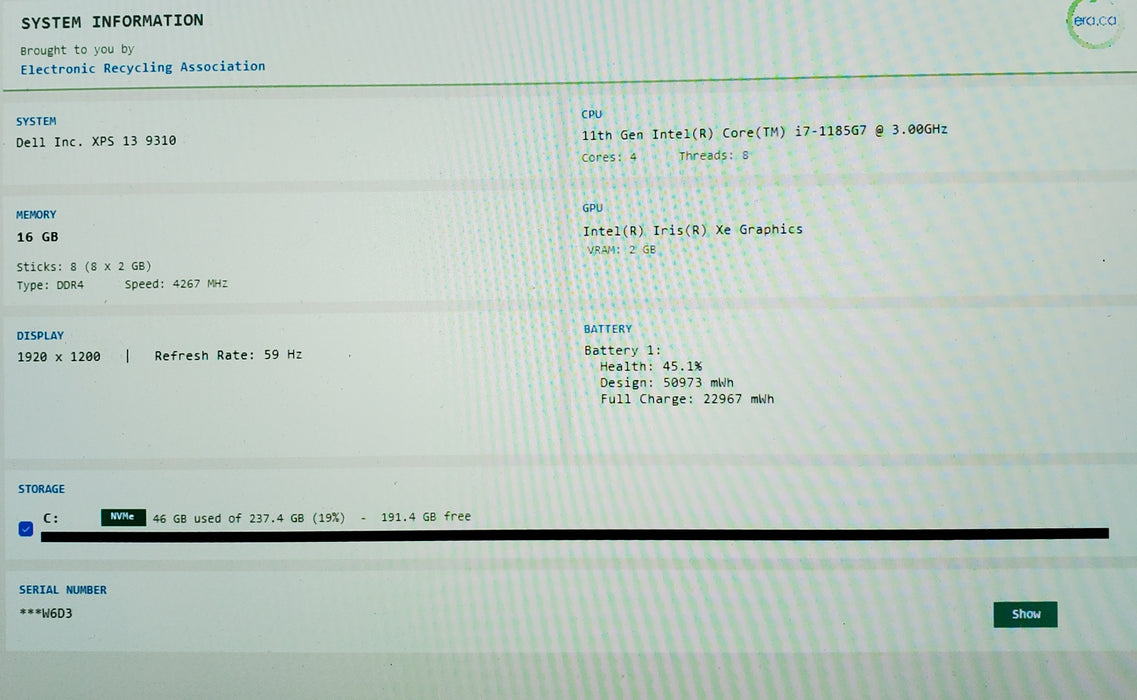 Dell XPS 13 9310 TOUCH i7-1185G7 16GB 256GB SSD READ