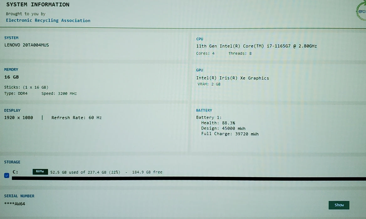 Lenovo ThinkPad E14 Gen 2 TOUCH Core i7-1165G7 2.80GHz 16GB RAM 256GB SSD