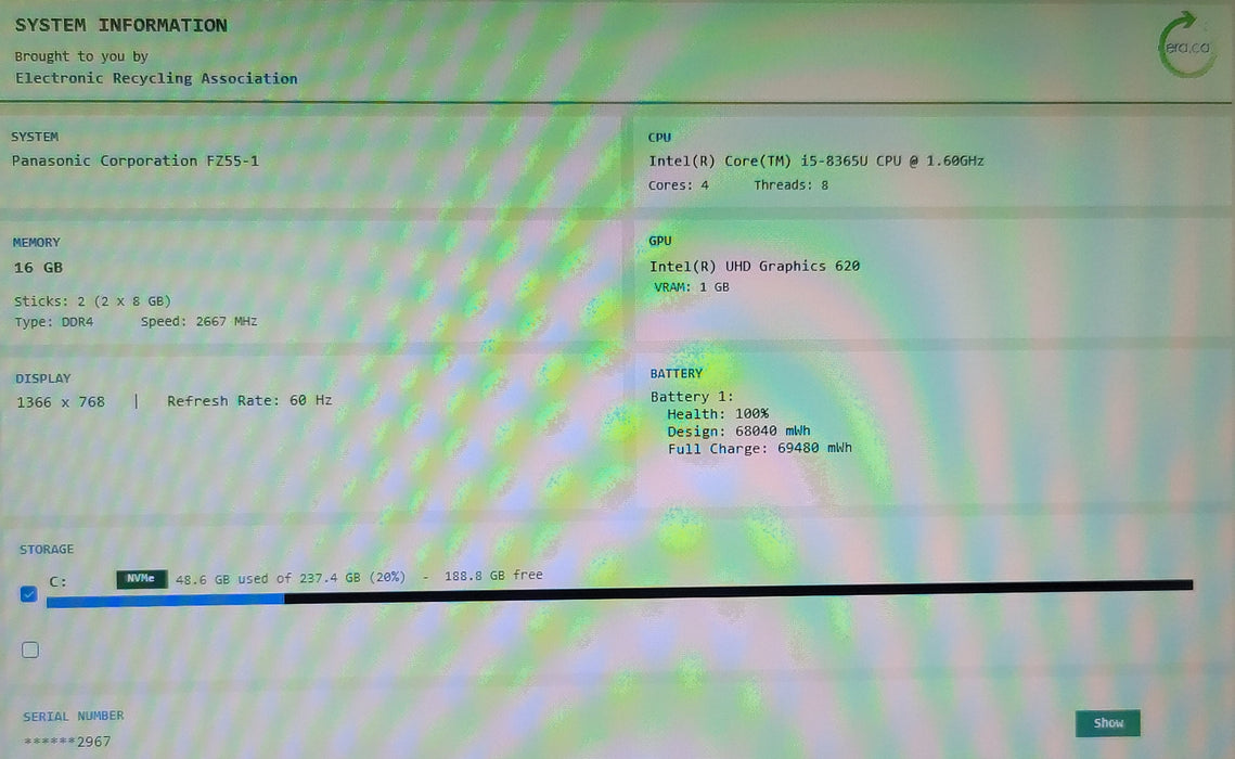 Panasonic ToughBook FZ-55 Mk 1 i5-8365U 16GB DDR4 256GB NVMe No Adapter READ