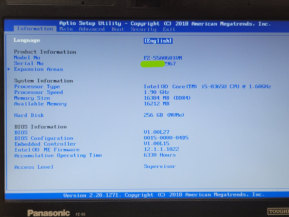Panasonic ToughBook FZ-55 Mk 1 i5-8365U 16GB DDR4 256GB NVMe No Adapter READ