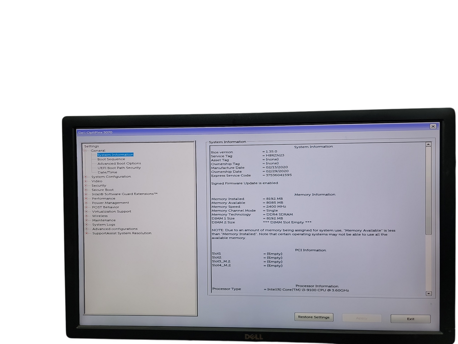 Dell Optiplex 3070 SFF i3 - 9100 @ 3.60GHz 8GB DDR4 Ram No HDD