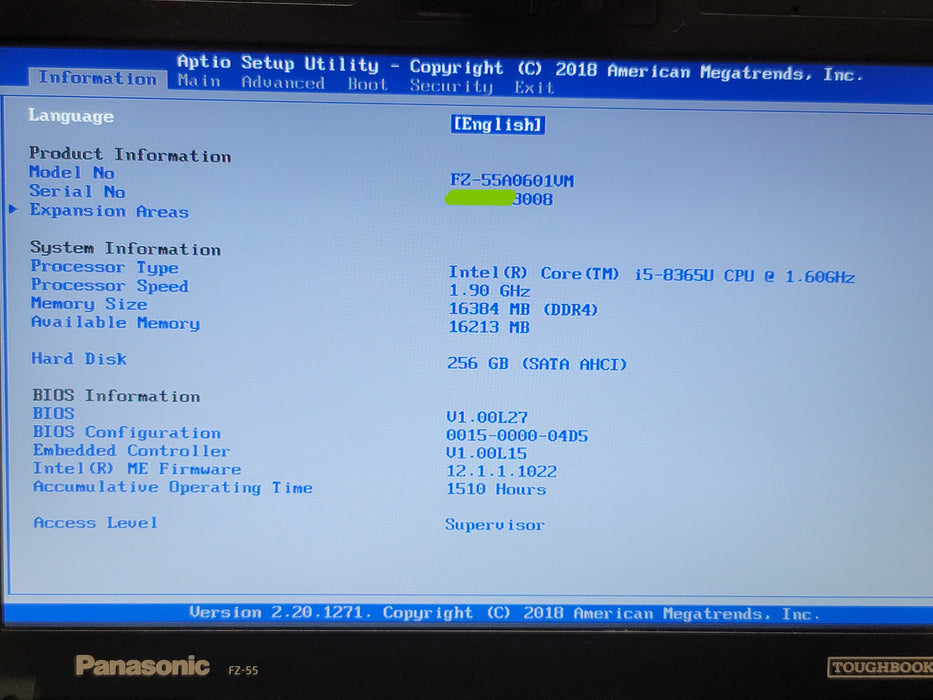 Panasonic ToughBook FZ-55 Mk 1 i5-8365U 16GB DDR4 256GB NVMe No adapter