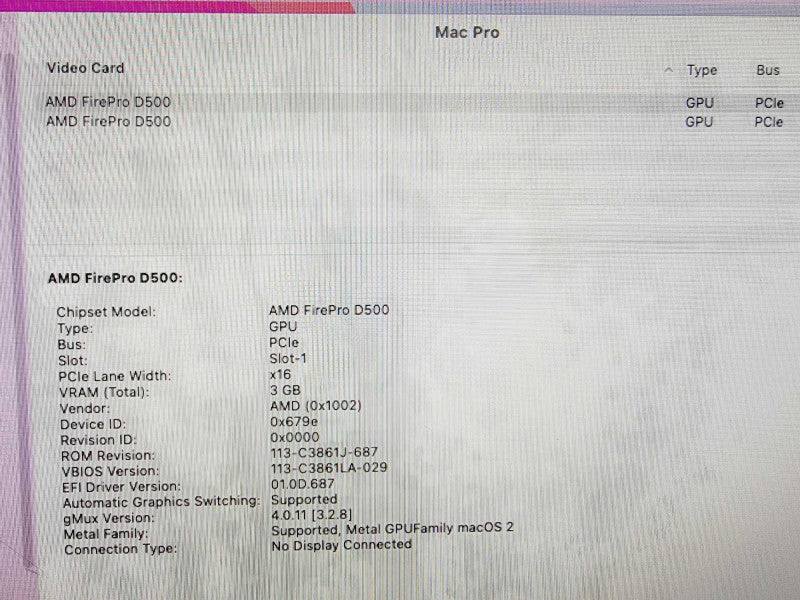 Apple Mac Pro 2013 4-Core Xeon E5-1620 V2 @ 3.7GHz 16GB DDR3 500GB SSD 2x FirePro 3GB (