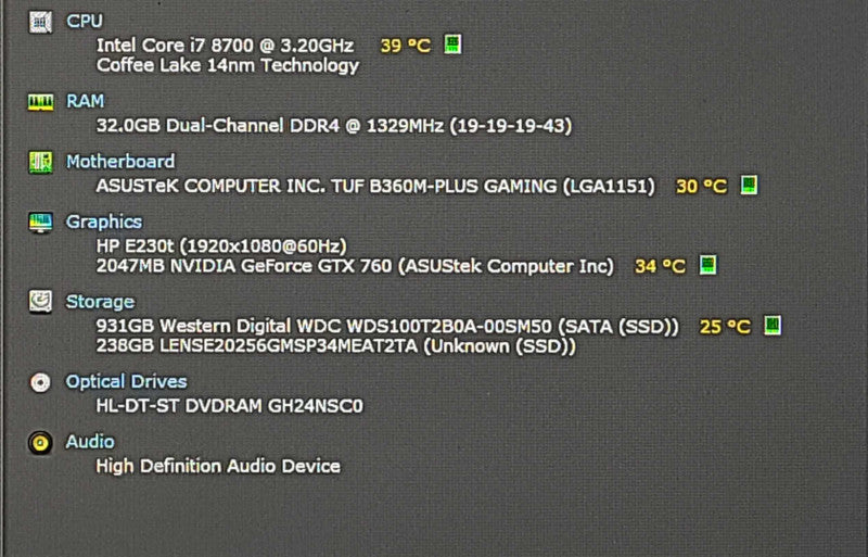 Custom PC/ASUS TUF B360M-PLUS GAMING, i7-8700 3.20GHz, 32GB DDR4, 256GB NVMe, 1TB HDD, GTX 760 2GB