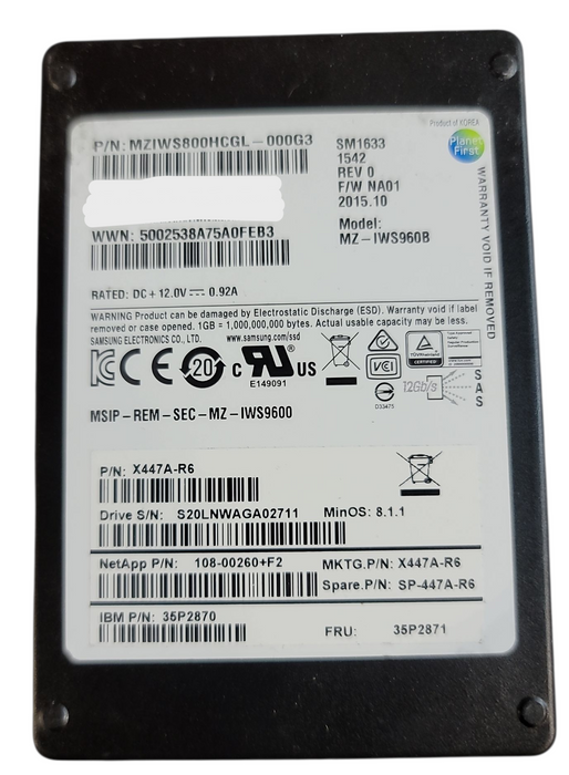 Samsung PM1643 960GB SSD NETAPP 2.5" SAS 12Gbps MZ-ILT960A MZILT960HAHQ-000G3