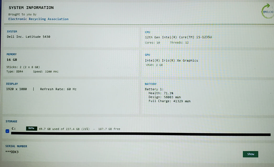 Dell Latitude 5430 Core i5-1235U 16GB RAM 256GB SSD READ