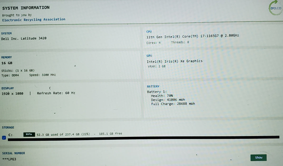 Dell Latitude 3420 i7-1165G7 - 16GB RAM - 256 GB NVME