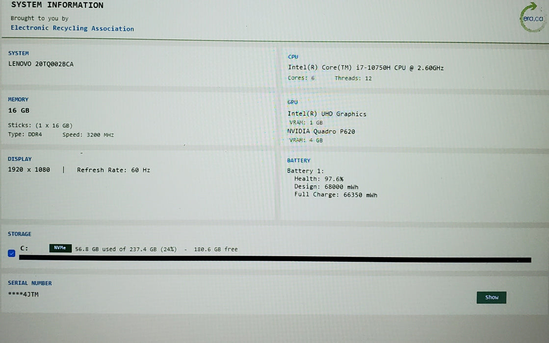 Lenovo ThinkPad P15v Gen 1 15.6” i7-10850H 16GB 256GB SSD Quadro P620