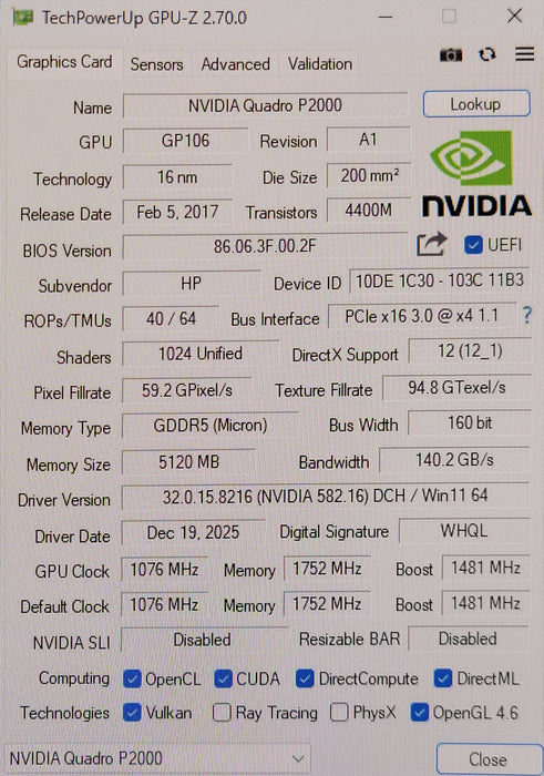 NVIDIA Quadro P2000 5GB GDDR5 Graphics Card 4x DisplayPort