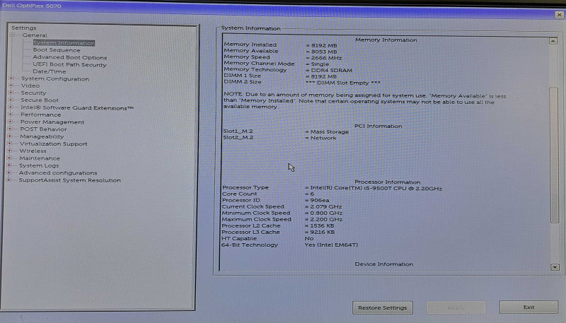 Dell OptiPlex 5070 USFF | i5-9500T @ 2.20GHz 6C, 8GB DDR4, 512GB NVMe, Wi-Fi