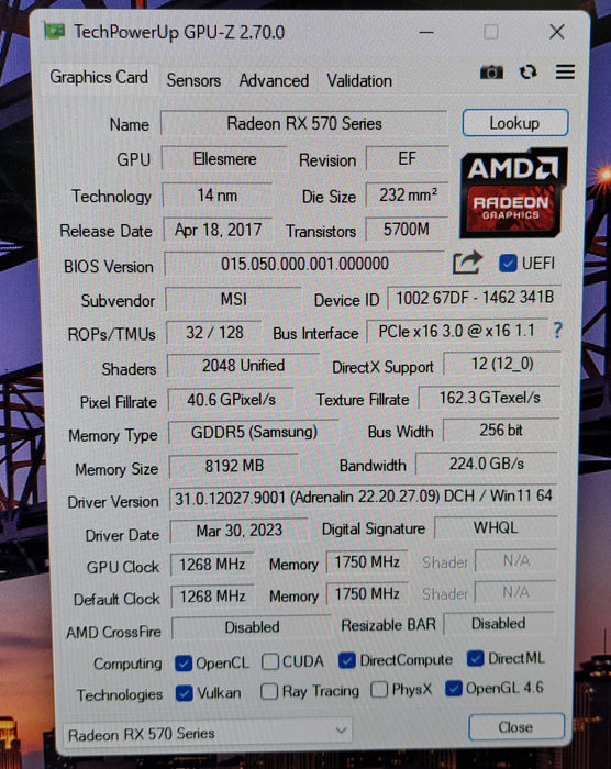 MSI RADEON RX 570 ARMOR 8GB OC GDDR5 Graphics Card