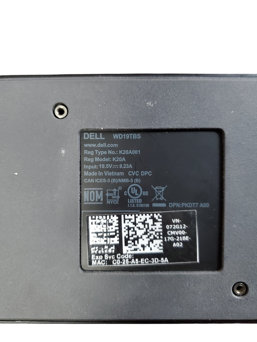 Dell WD19TBS Thunderbolt Docking Station K20A001 USB-C Dock