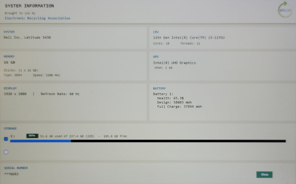 Dell Latitude 5430 14"  i5-1235U 16GB DDR4 256GB NVMe READ