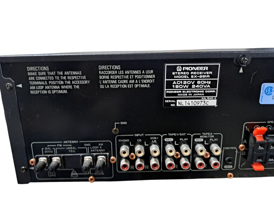 Pioneer SX-251R Stereo AM/FM Receiver 5 Band EQ & Phono 50W/Ch | READ