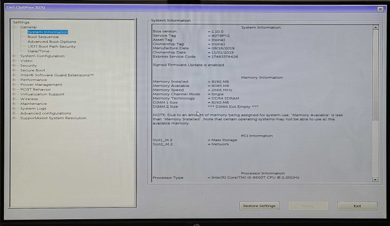 Dell optiplex 3070 USFF, i5-9500T 2.20GHz 6C, 8GB DDR4, 256GB NVMe, WiFi
