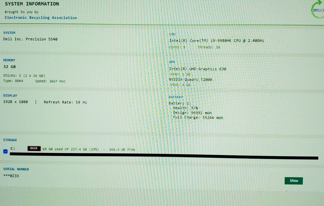 Dell Precision 5540 i9-9980H @2.60GHz 32GB RAM 256GB NVMe NVIDIA T2000