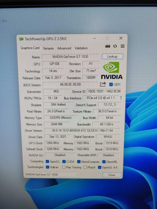NVIDIA GeForce GT 1030, 2GB GDDR4, HDMI, DVI, MSI AERO ITX 2GD4 OC !