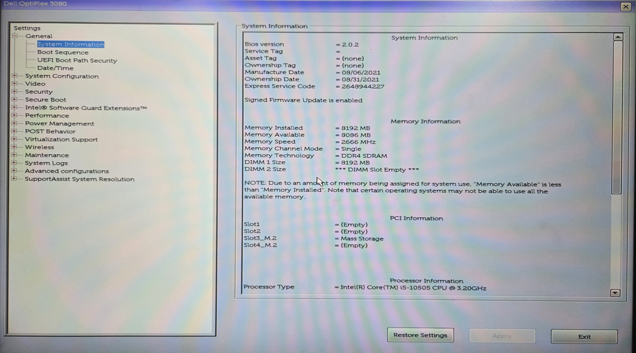 Dell OptiPlex 3080 SFF, i5-10505 3.20GHz, 8GB DDR4, 256GB NVMe