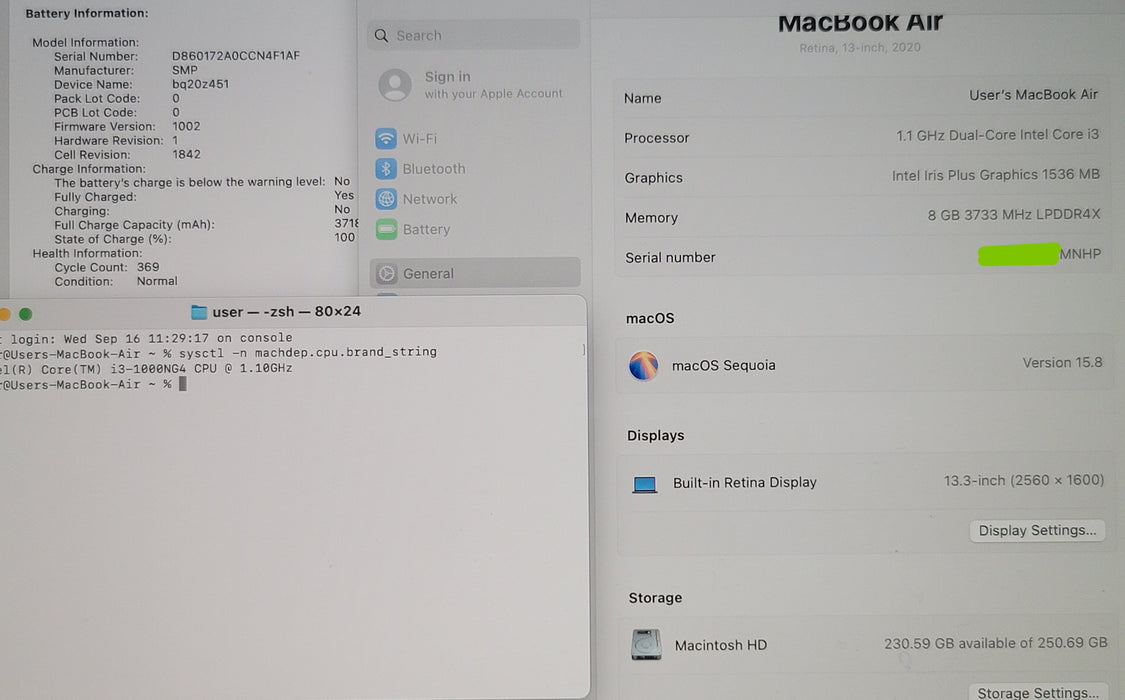 Apple MacBook Air 13" 2020 A2179 i3-1000NG4 8GB RAM 256GB SSD NO ADAPTER READ