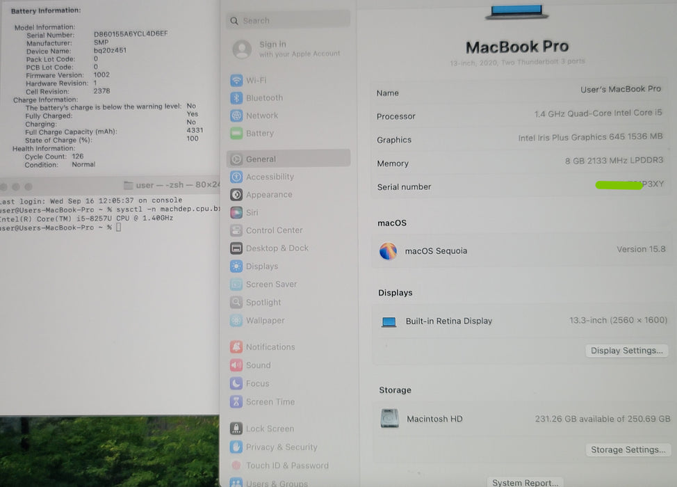 Apple MacBook Pro 13" 2020 A2289 i5-8257U 8GB RAM 256GB SSD NO ADAPTER