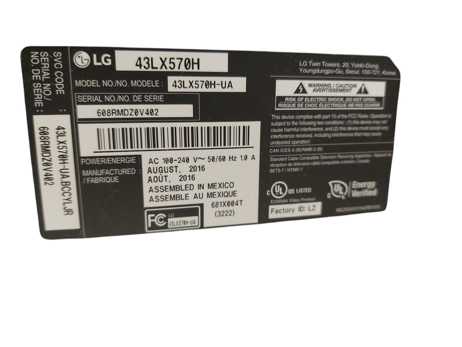 LG 43" TV Model: 43LX570H MFG 2016