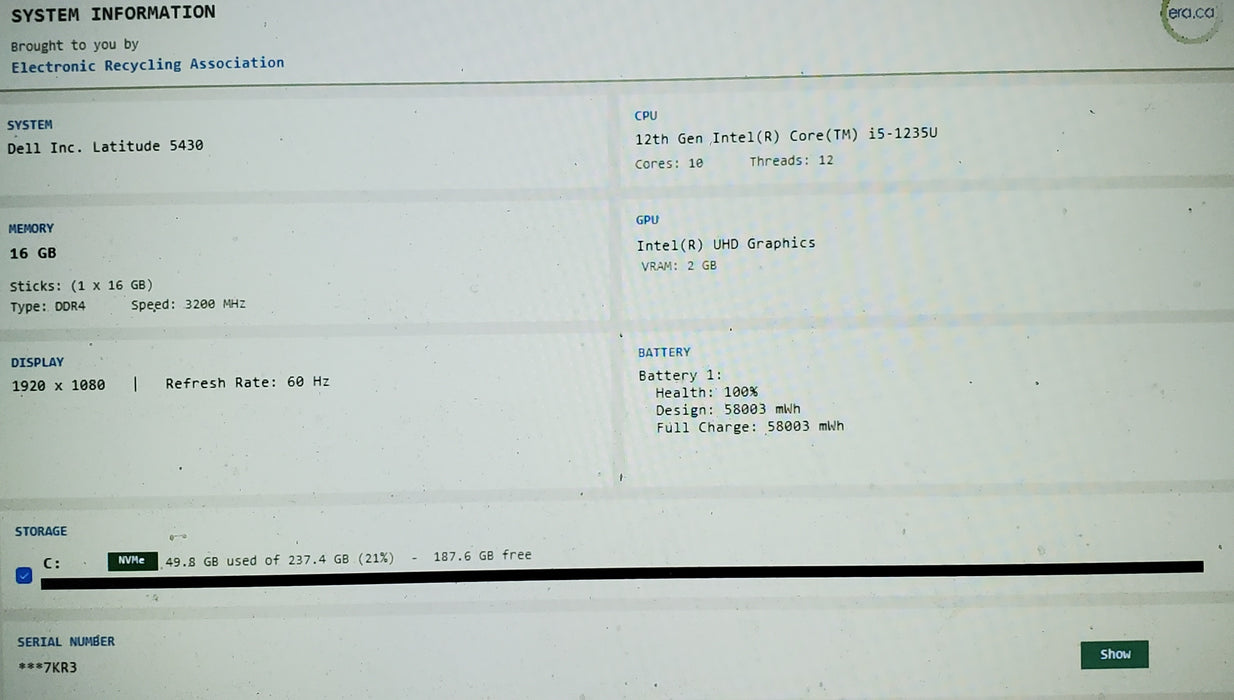 Dell Latitude 5430 14" i5-1235U 16GB DDR4 256GB NVMe READ