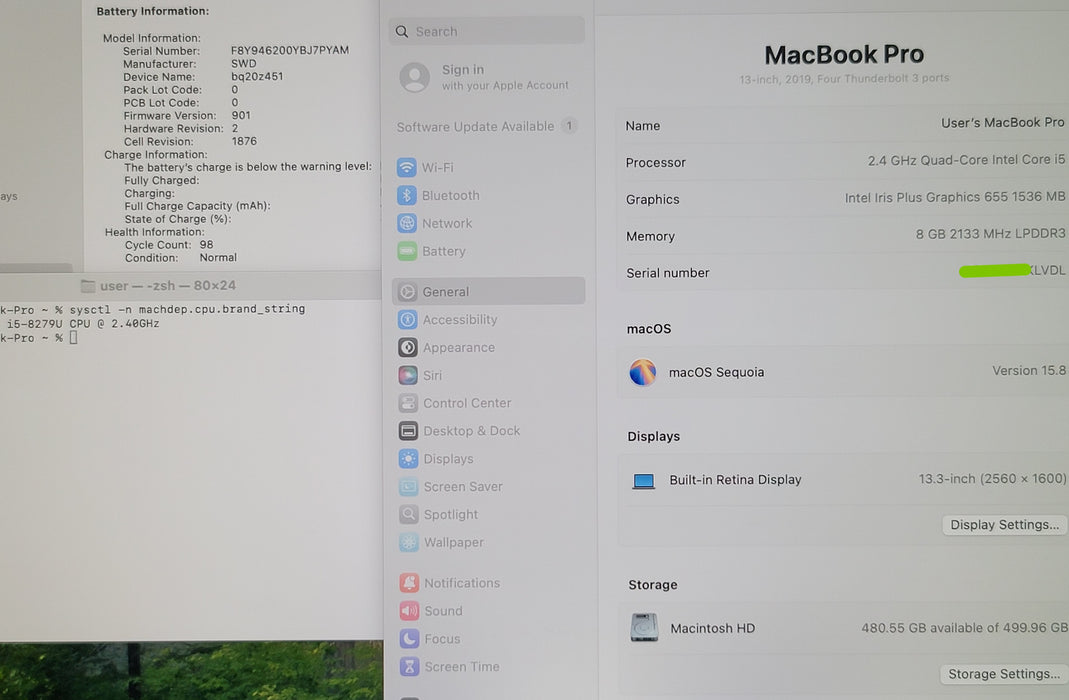 Apple MacBook Pro 13" 2019 A1989 i5-8279U 8GB RAM 500GB SSD NO ADAPTER READ