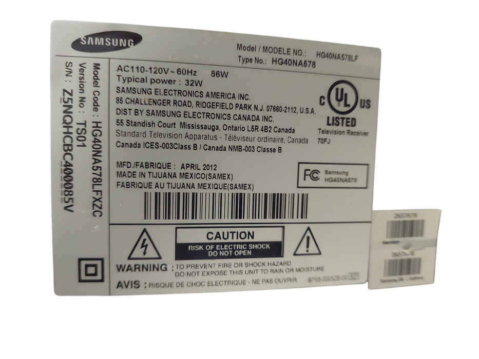 Samsung 40" TV Model: HG40NA578LF