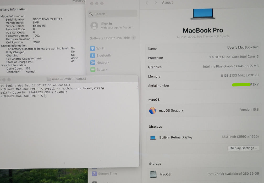 Apple MacBook Pro 13" 2020 i5-8257U 8GB RAM 256GB SSD NO ADAPTER