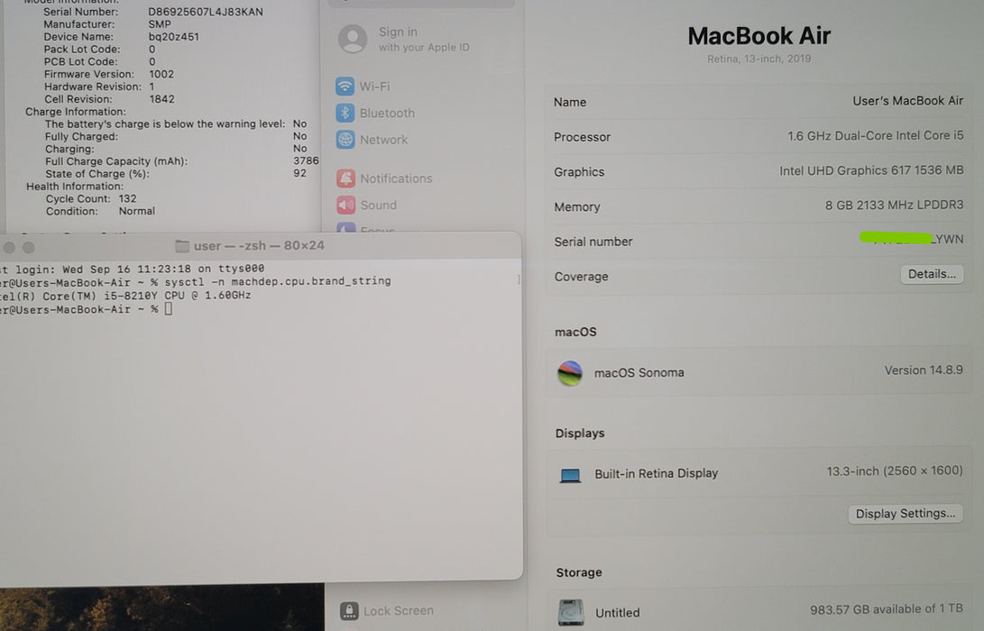 Apple MacBook Air 13" 2019 A1932 i5-8210Y 8GB RAM 1TB SSD NO ADAPTER