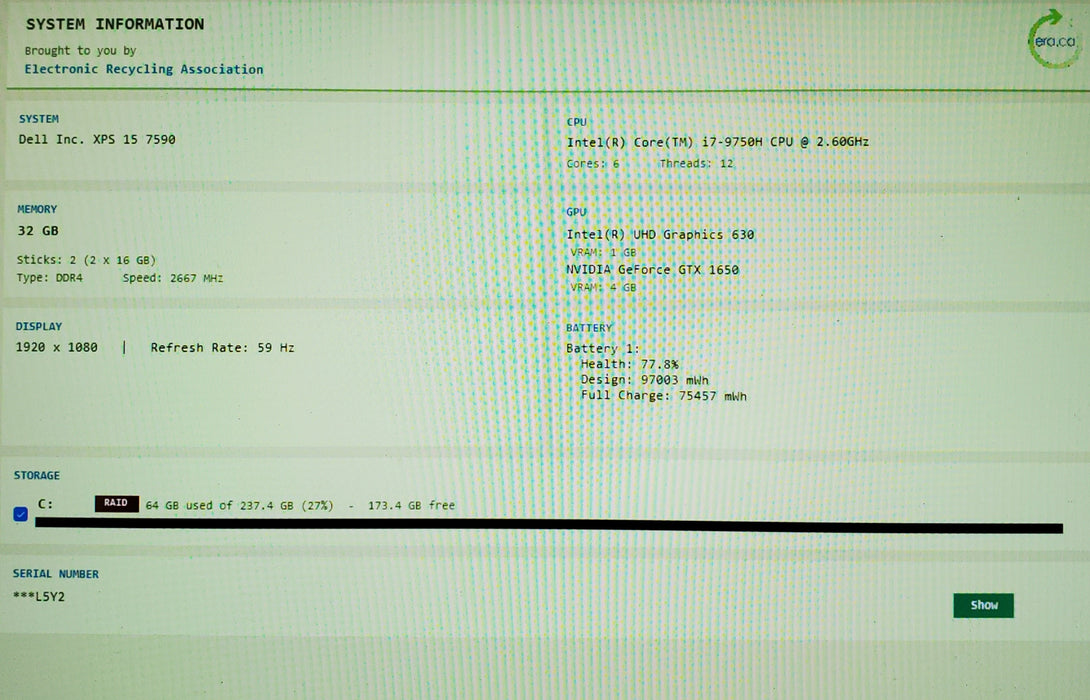 Dell XPS 15 7590 15" i7-9750H GTX1650 4GB GPU 32GB RAM 256GB SSD READ