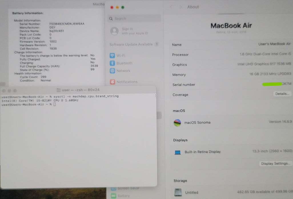 Apple MacBook Air 13" 2018 A1932 i5-8210Y 16GB RAM 512GB SSD NO ADAPTER READ