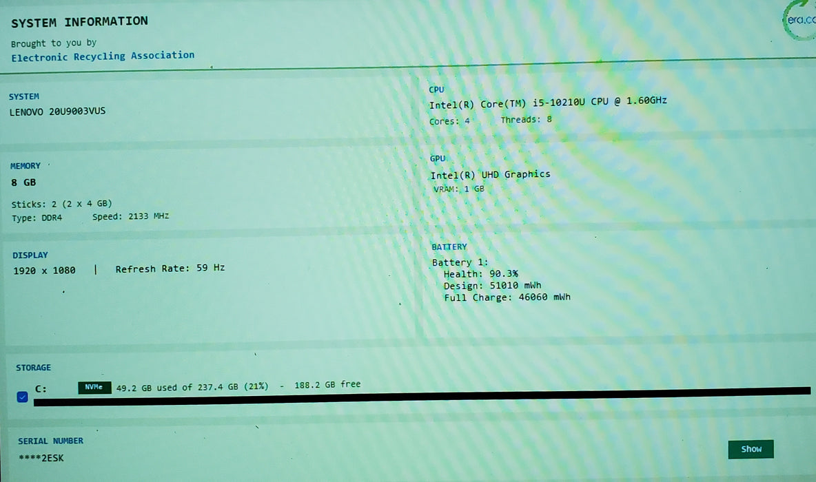 Lenovo ThinkPad X1 Carbon Gen 8 Core i5-10210U 1.60GHz 8GB RAM 256GB SSD
