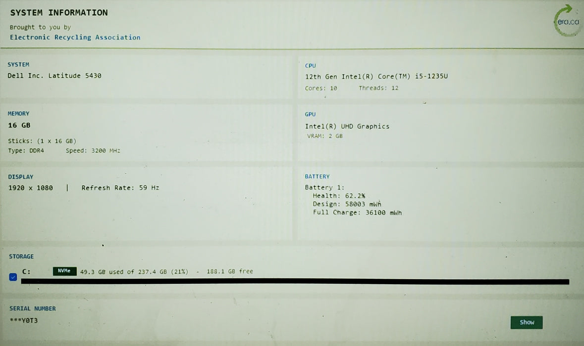Dell Latitude 5430 14" i5-1235U 16GB DDR4 256GB NVMe READ
