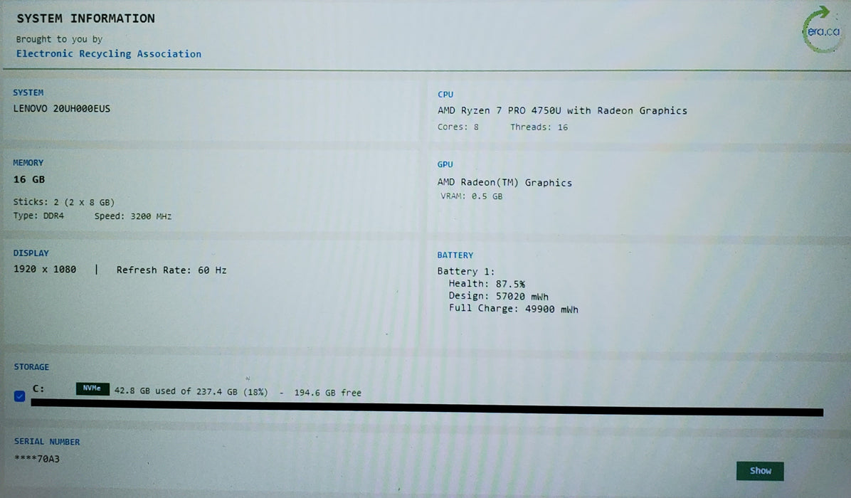 Lenovo ThinkPad T14s Gen 1 RYZEN 7 PRO 4750U 16GB DDR4 256GB NVMe