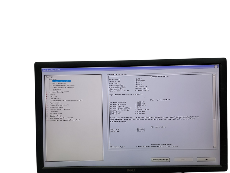 Dell Optiplex 3070 Micro i3 - 9100T @ 3.10GHz 8GB DDR4 Ram No HDD