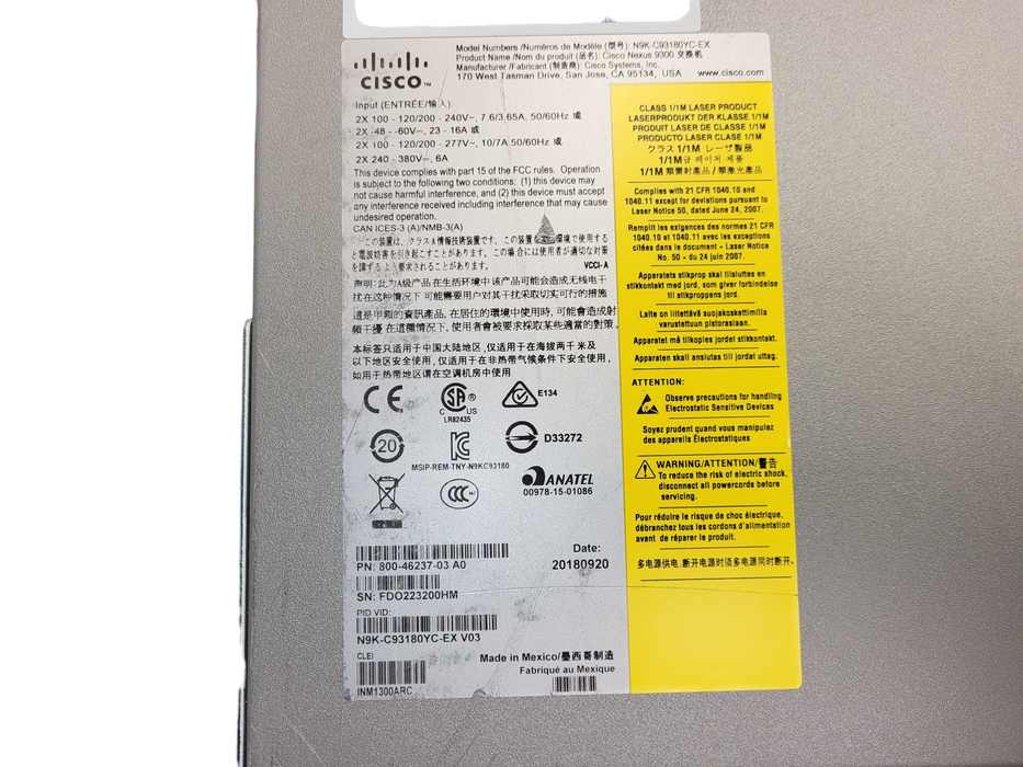 CISCO Nexus N9K-C93180YC-EX 48 PORT 10/25GbE SFP+ 6PORT 100G Switch