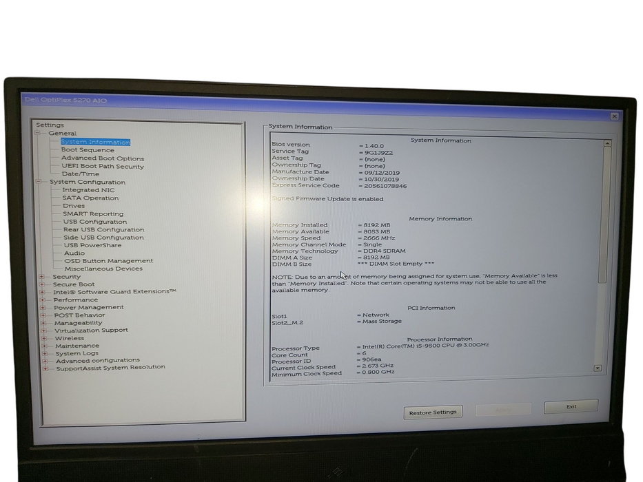 DELL OPTIPLEX 5270 AIO Intel Core i5-9500 CPU 8GB RAM NO HDD
