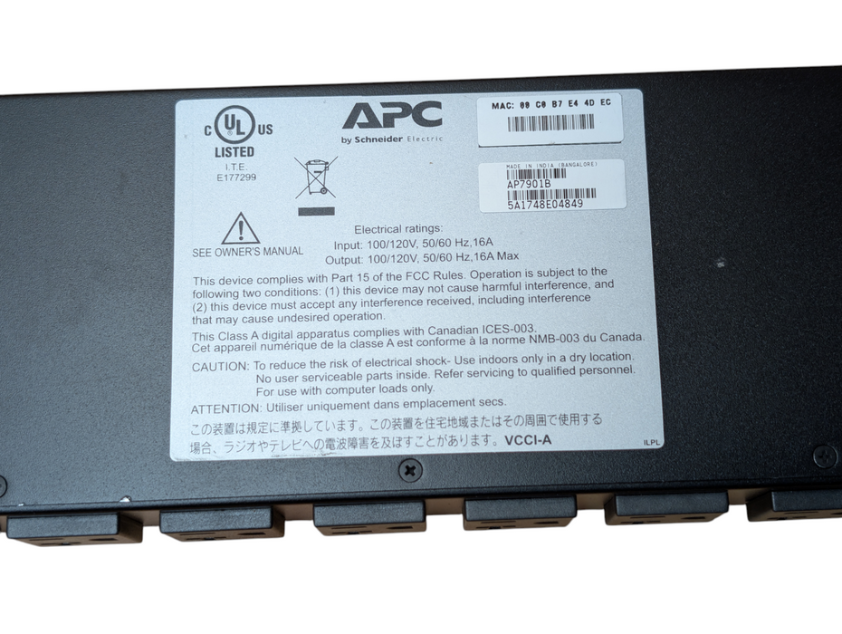APC AP7901B 8-Outlet Switched & Metered Web Managed 1U Rack PDU (20A, 120V)