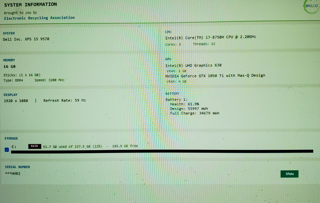 Dell XPS 15 9570 15" i7-8750H 16GB RAM 256GB SSD READ
