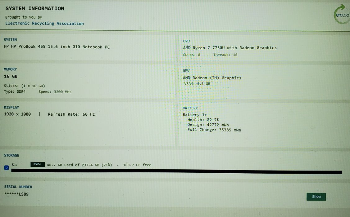 HP ProBook 455 G10 AMD Ryzen 7 7730U@2GHz 16GB RAM 256GB SSD READ