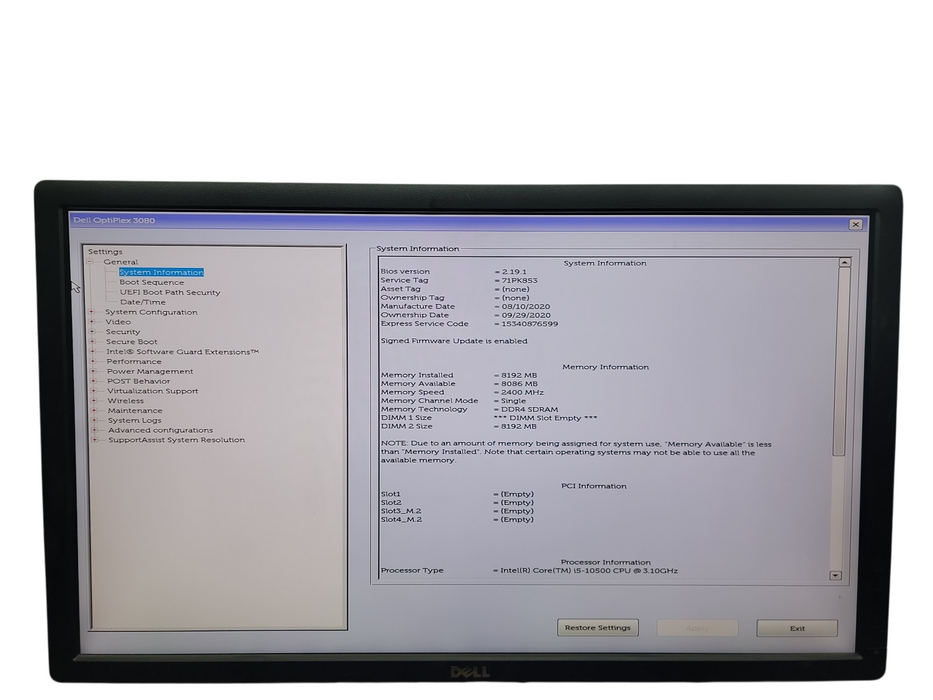 Dell Optiplex 3080 SFF i5 - 10500 @ 3.10GHz 8GB DDR4 Ram No HDD
